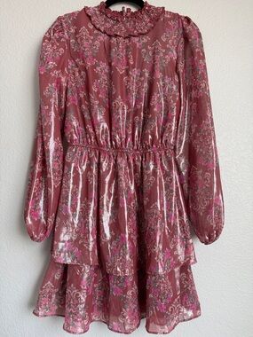 NWOT Crystal Doll Metallic Rose Pink Floral Tiered Dress with Smocked Collar